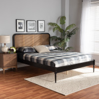 Baxton Studio MG0056-Walnut Rattan/Black-Queen Elston Mid-Century Modern Charcoal Finished Wood and Synthetic Rattan Queen Size Platform Bed